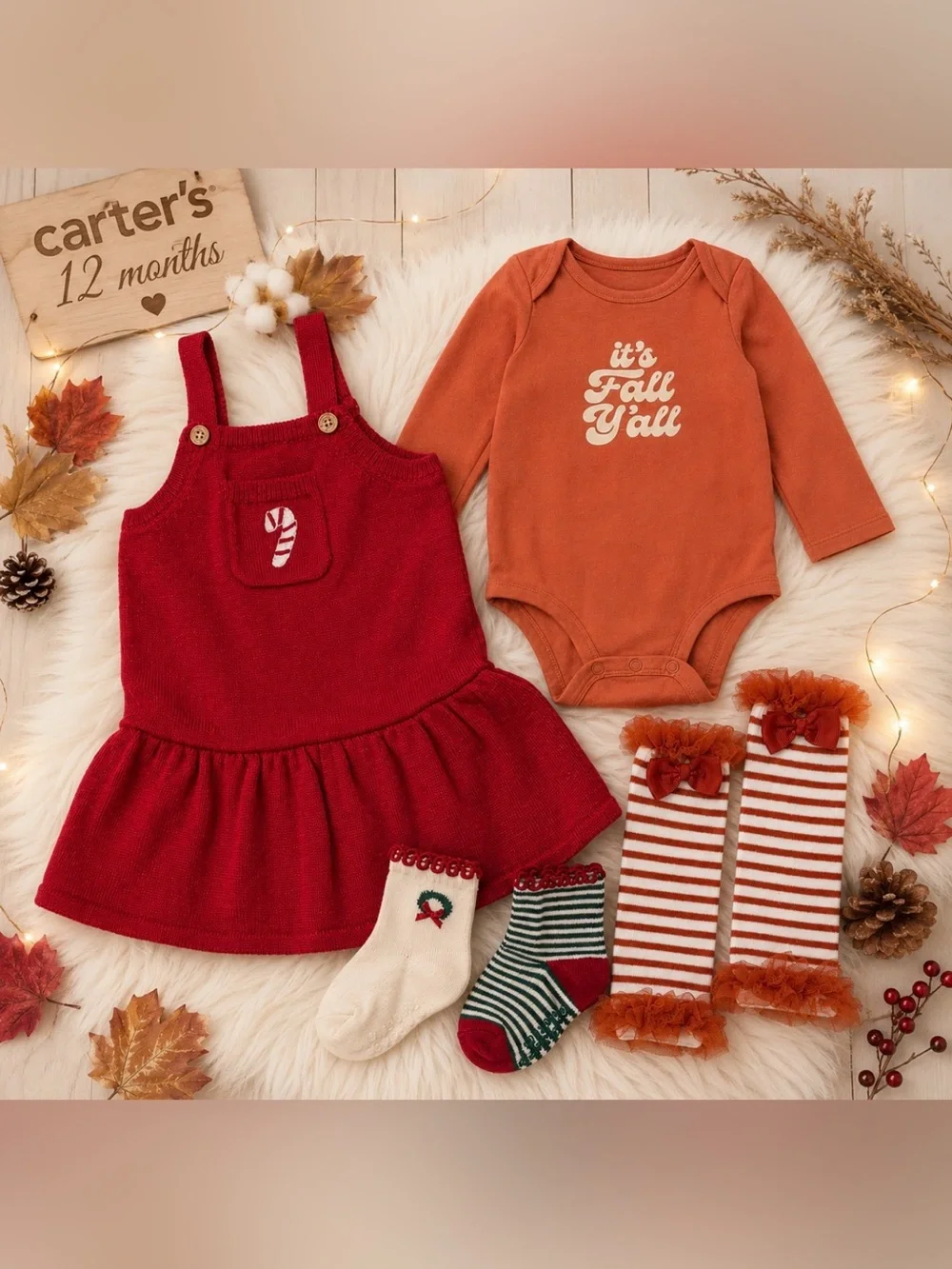 Carter’s Baby Girl 12M Fall Holiday Outfit Bundle Red Knit Dress & Bodysuit